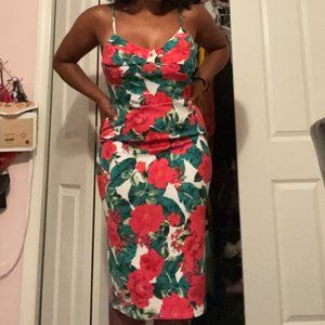 Red Mid-Length Slim-fit Floral Dress